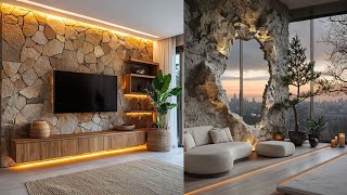 2025 Living room stone wall design || Mordern feature wall cladding  and rustic Accent Ideas in USA