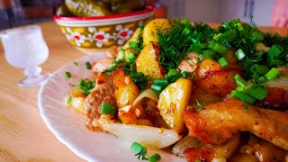 Жареная картошка с мясом на сковороде Картошка со свининой рецепт