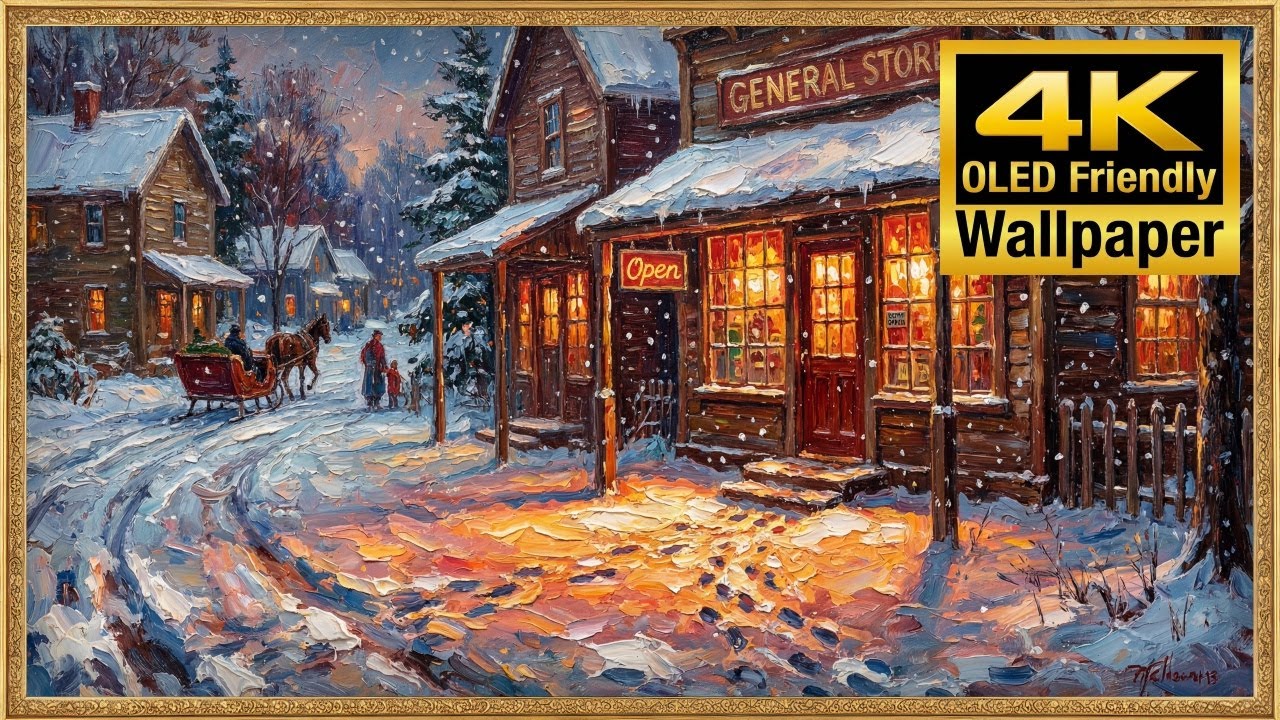 4K Wallpaper - Cozy General Store Snow Scene - Warm Village Ambiance