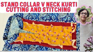 STAND COLLAR KURTI CUTTING AND STITCHING V PLACKET NECK DESIGN #collarkurti #collarneck #fashion