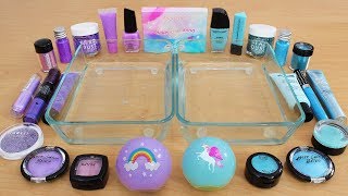 Hi! in this makeup destruction video, i'm going to be mixing eyeshadow
into clear slime with lavender and blue colored makeup. i'll brea...