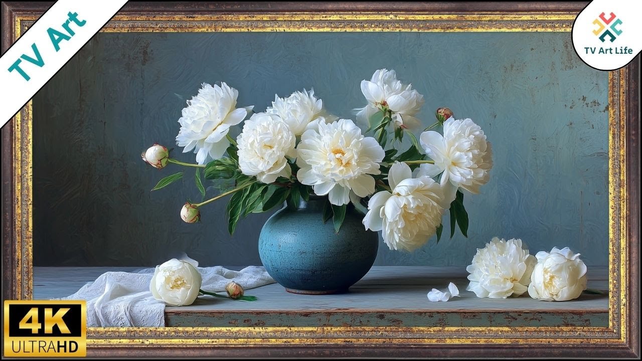 Rustic Vintage White Peonies TV Art | Floral Still Life for Frame TV Screensaver | 10 Hours