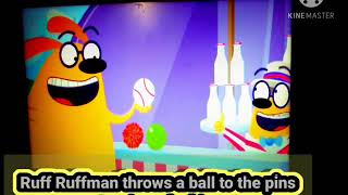 The Ruff Ruffman Show Cartoon: Ruffman wins a plushie by throwing a ball into the pins. Glen Ruffman