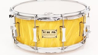 Pork Pie 6.5x14 Solid One Piece Maple Snare Gold Satin Flame Wrap