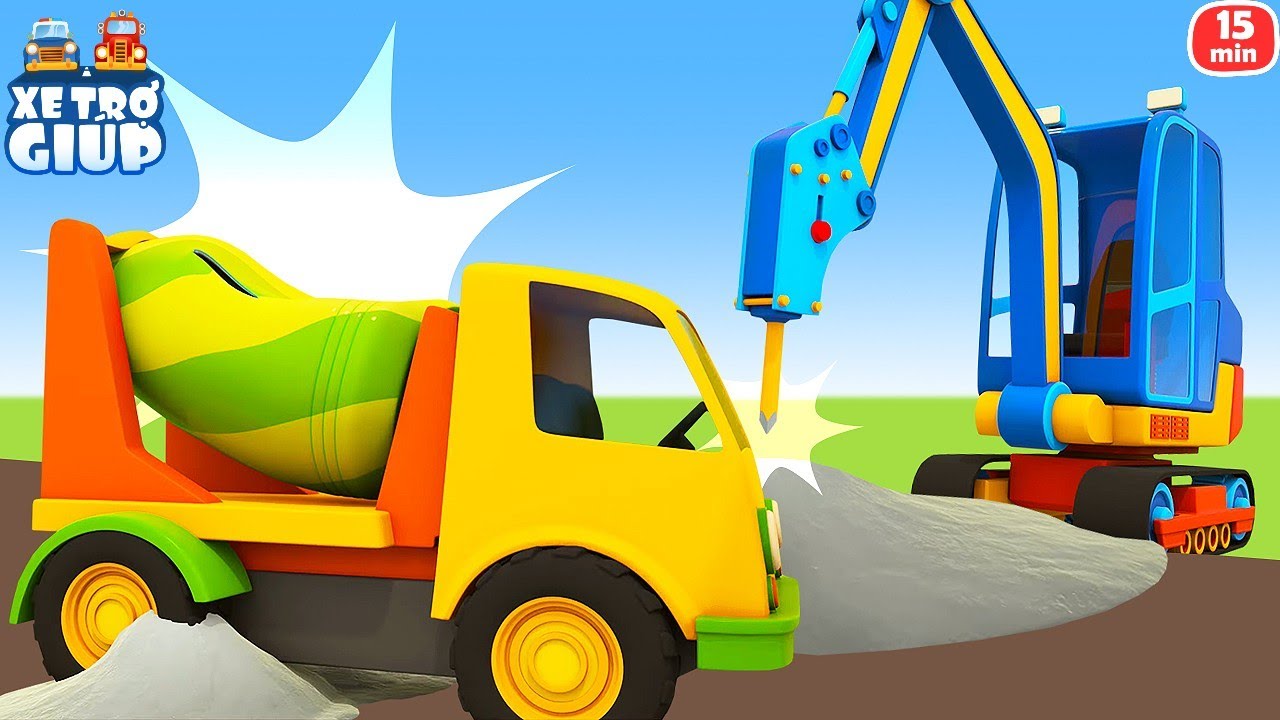 Xe trợ giúp cứu xe trộn bê tông và xe chở ô tô. Phim hoạt hình bằng Tiếng Việt. Trò chơi ô tô