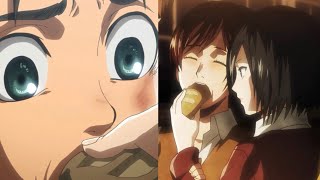 Mikasa feeding Eren and Sasha bread