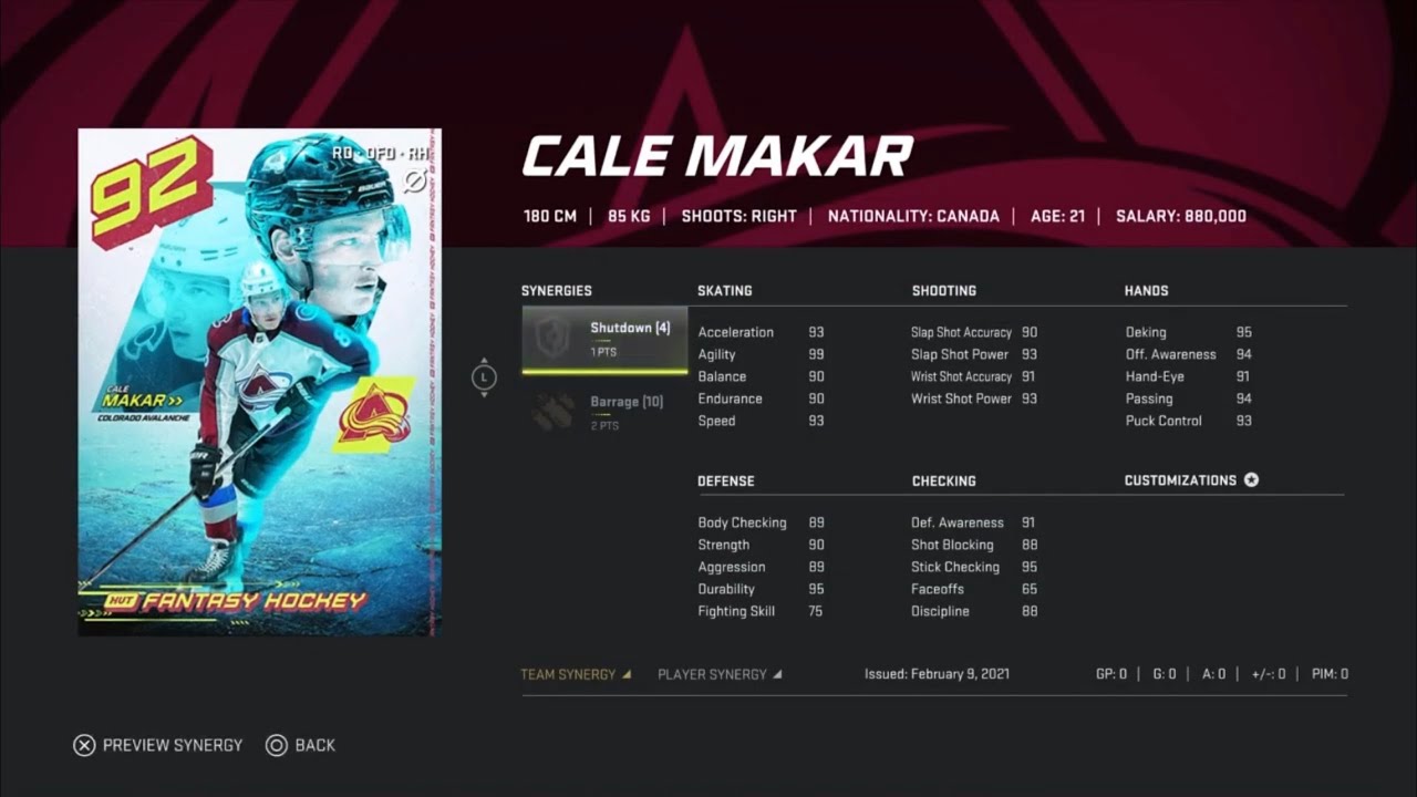 NHL 21 HUT Fantasy Hockey Sets Cale Makar 92 PS4