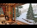 Winter cozy cabin in snowfall with crackling fireplace sound relaxing wind  snow falling ambience