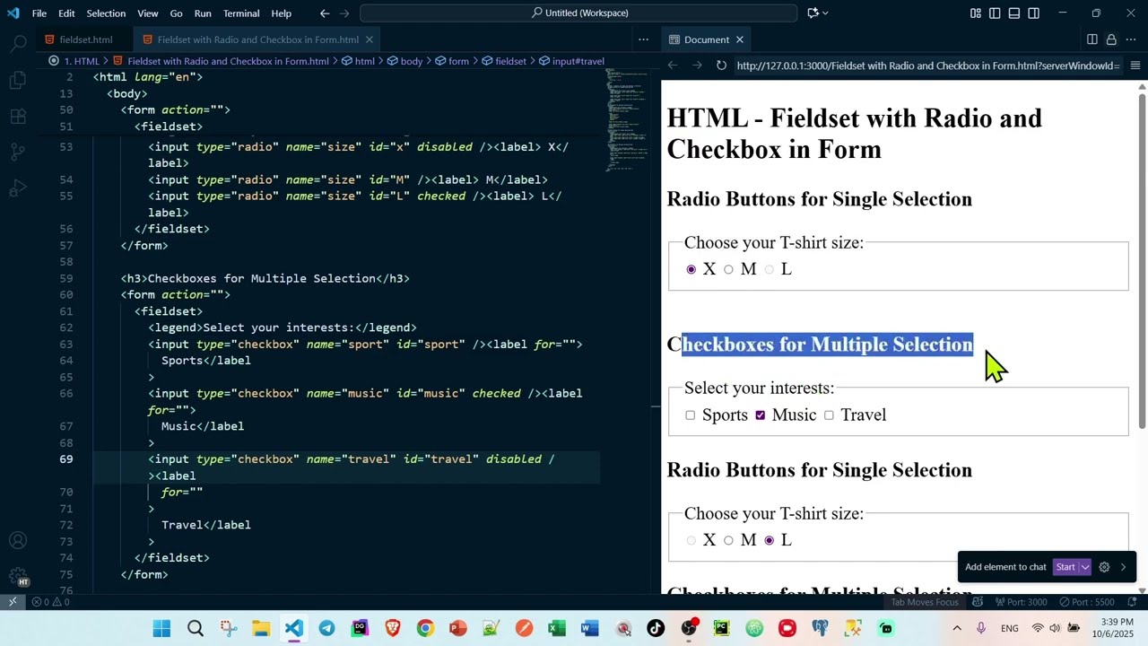 មេរៀន HTML - Using Fieldset with Radio Button and Checkbox in HTML Form (Single & Multi Section)