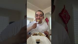 Showing and eating Potstickers Har Gow Shu Mai and Dried Shrimp Rice Noodles from Mongkok