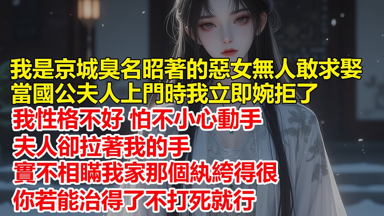 我是京城臭名昭著的惡女，無人敢求娶，當國公夫人上門時我立即婉拒了，我性格不好怕不小心動手，夫人卻拉著我的手，實不相瞞我家那個紈絝得很，你若能治得了不打死就行...