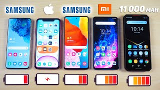 картинка: Samsung Galaxy S20 vs iPhone 11 vs Samsung Galaxy A51 vs Xiaomi Mi 9T Pro vs 11000 mAh - КТО ДОЛЬШЕ?