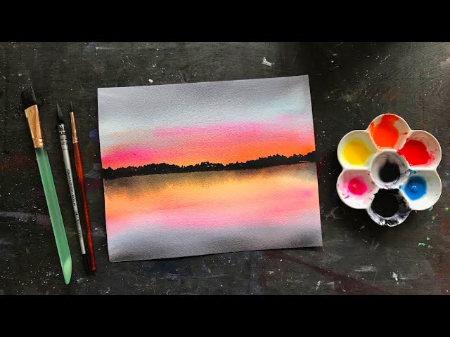 Lake Sunset Painting, Blue Landscape Watercolor Painting, Or