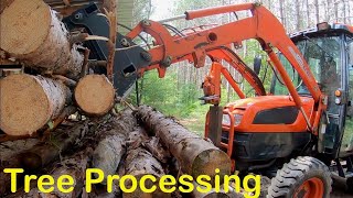 Compact Tractor Grapple Moving Logs and Chipping Limbs with WC68 PTO Wood Chipper