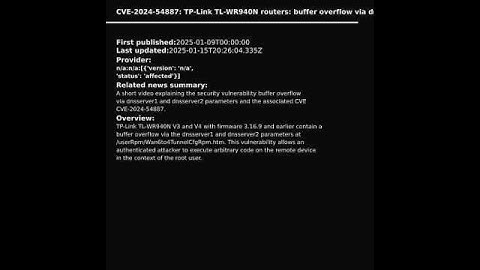 TP-Link TL-WR940N routers: buffer overflow via dnsserver1 and dnsserver2 param...(CVE-2024-54887)