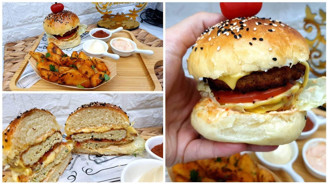 برغر بعجينة المحلات بدون دلك يجي خفيف ريشة👌مع سر البطاطة المحمرة في الفرن 😍 عشاء سريع 😋