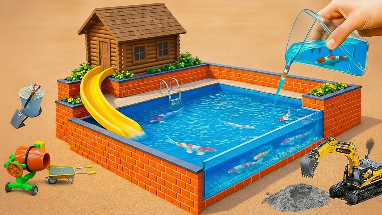 DIY Mini Brick House With Slide, Fountain & Clear Water Pool