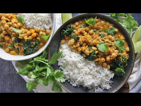 Spiced chickpea and sweet potato stew with coconut milk and greens, from the video