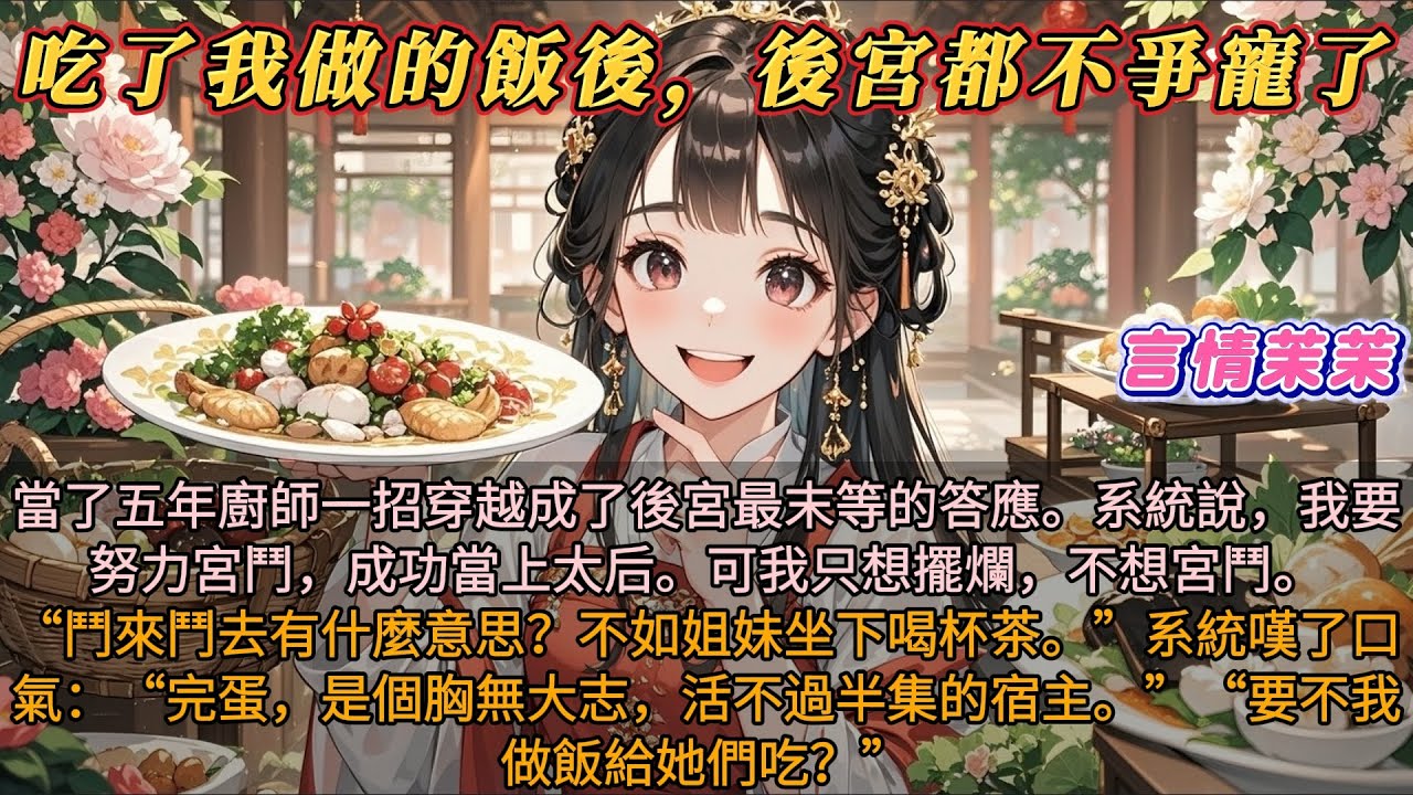 《吃了我做的饭后，后宫都不争宠了》當了五年廚師一招穿越成了後宮最末等的答應。系統說，我要努力宮鬥，成功當上太后。可我只想擺爛，不想宮鬥。鬥來鬥去有什麼意思？不如姐妹坐下喝杯茶。要不我做飯給她們吃？