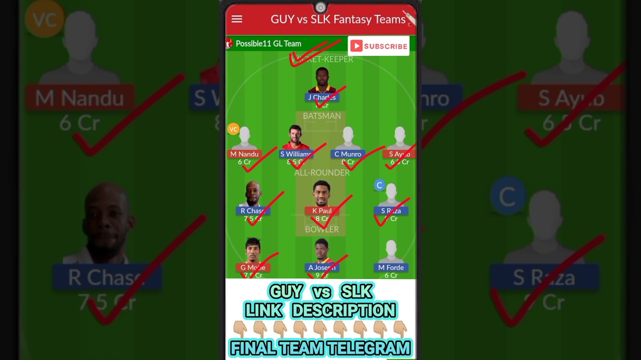 GUY vs SLK Dream11 Prediction🔥| GUY vs SLK Dream11 Prediction Today Match | GUY vs SLK Dream11 Team