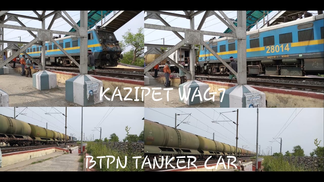 Kazipet WAG7 blue-yellow coloured locomotive with the BTPN tanker cars skips the station
