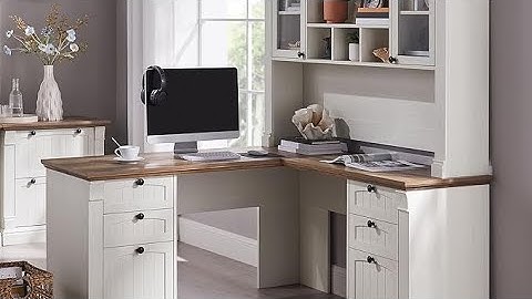 60" L Shaped Executive Desk with Hutch and Drawers, Farmhouse Home Office Desk with Charging Station