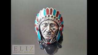 American Indian Ring Grand Cherokee Tribal Chief Feather Sterling Silver 925