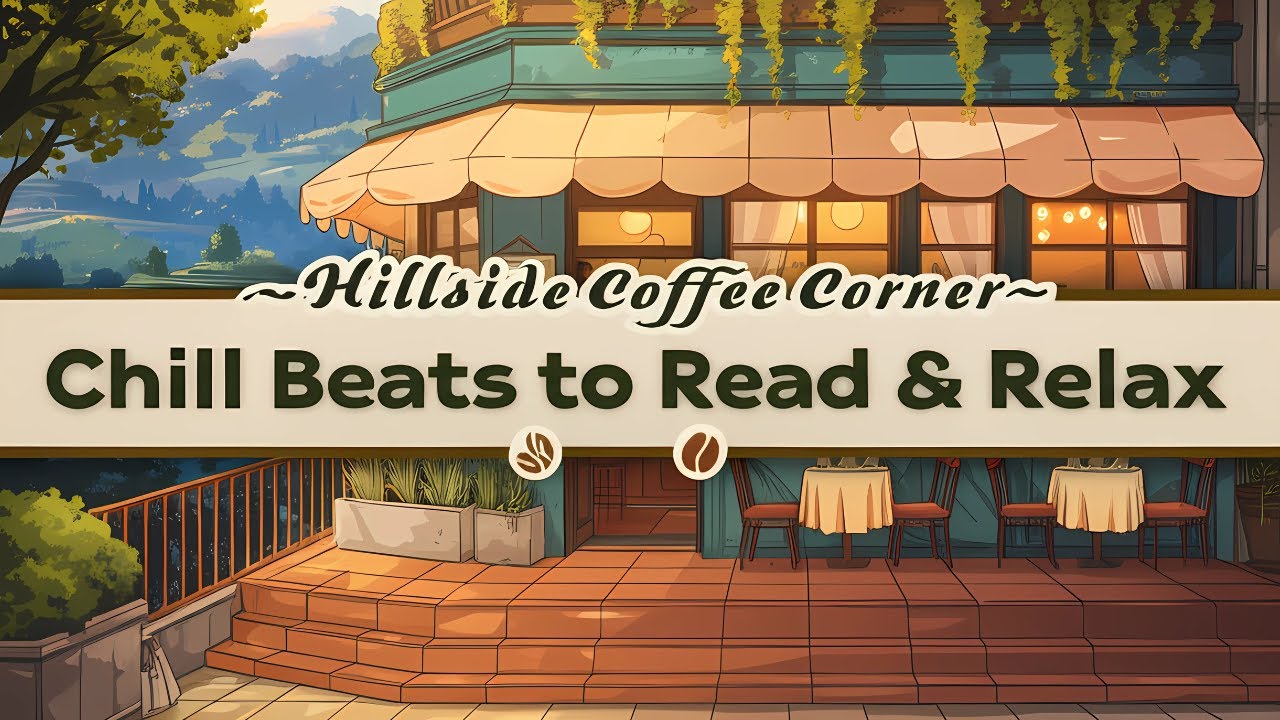 Soft Lofi in a hillside café scene with terrace tables, hanging vines, and sunset glow