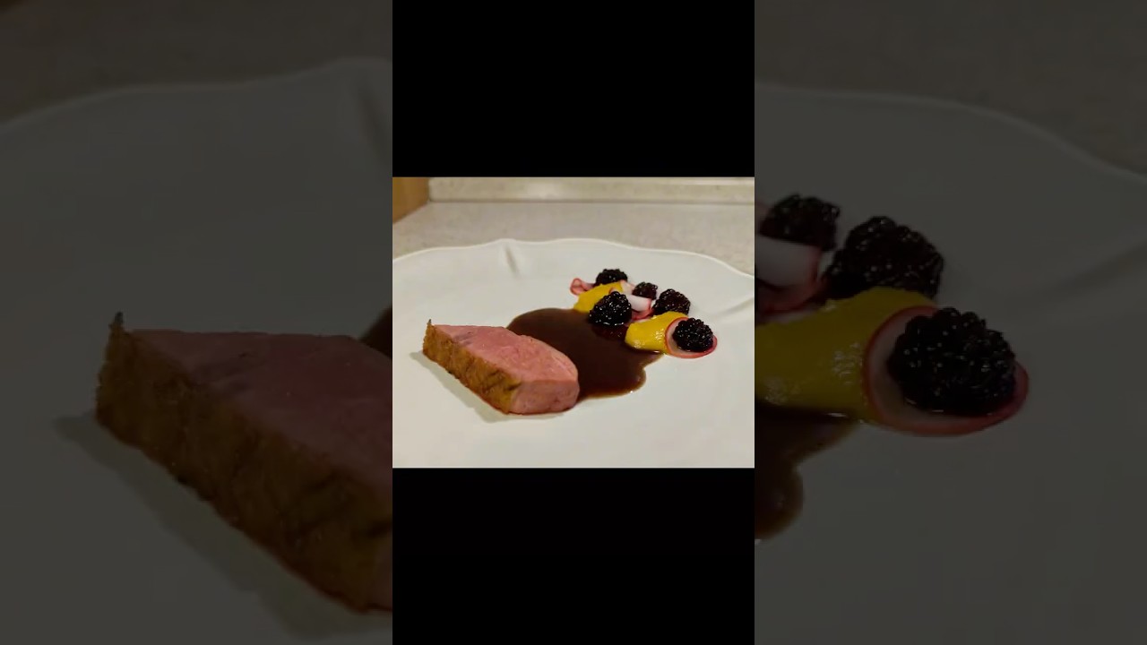 Duck Breast Steak with Pumpkin Puree, Pickled Radish, Blackberry Compote