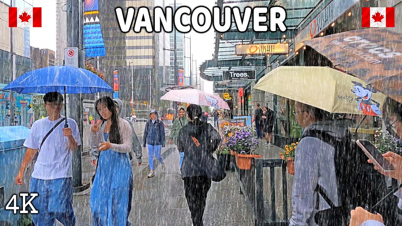 🇨🇦 【4K】⛈️⛈️⛈️ Heavy Rain in Downtown Vancouver BC. Travel Canada. Relaxing Walk.