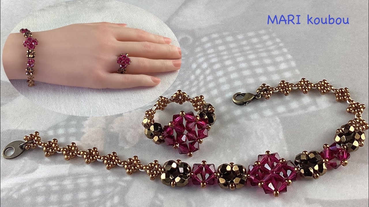 Браслет и кольцо (биконусы 4мм и полированные бусины)