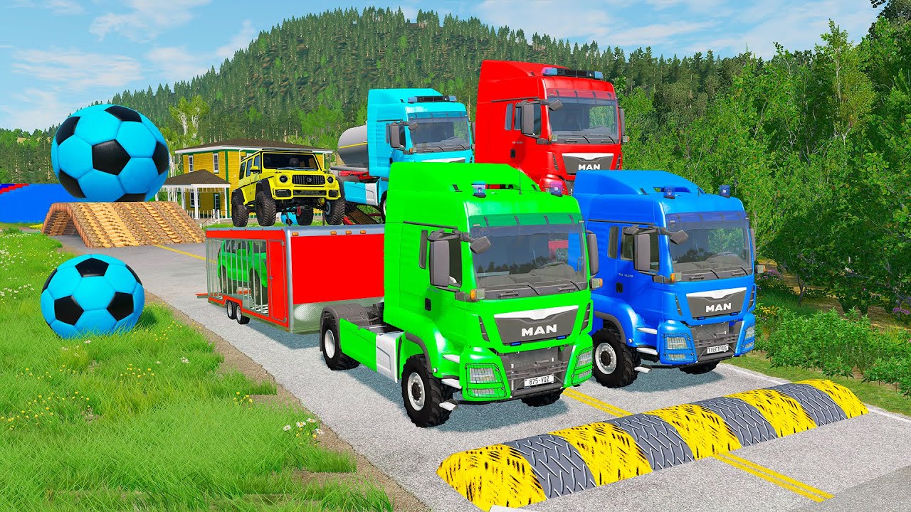 Double Flatbed Trailer Truck vs Speedbumps Train vs Cars | Tractor vs Train Beamng.Drive 0130