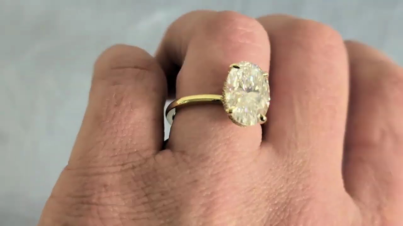 Oval Cut Moissanite Hidden Halo Diamond Ring, 14K Solid Yellow Gold Wedding Band