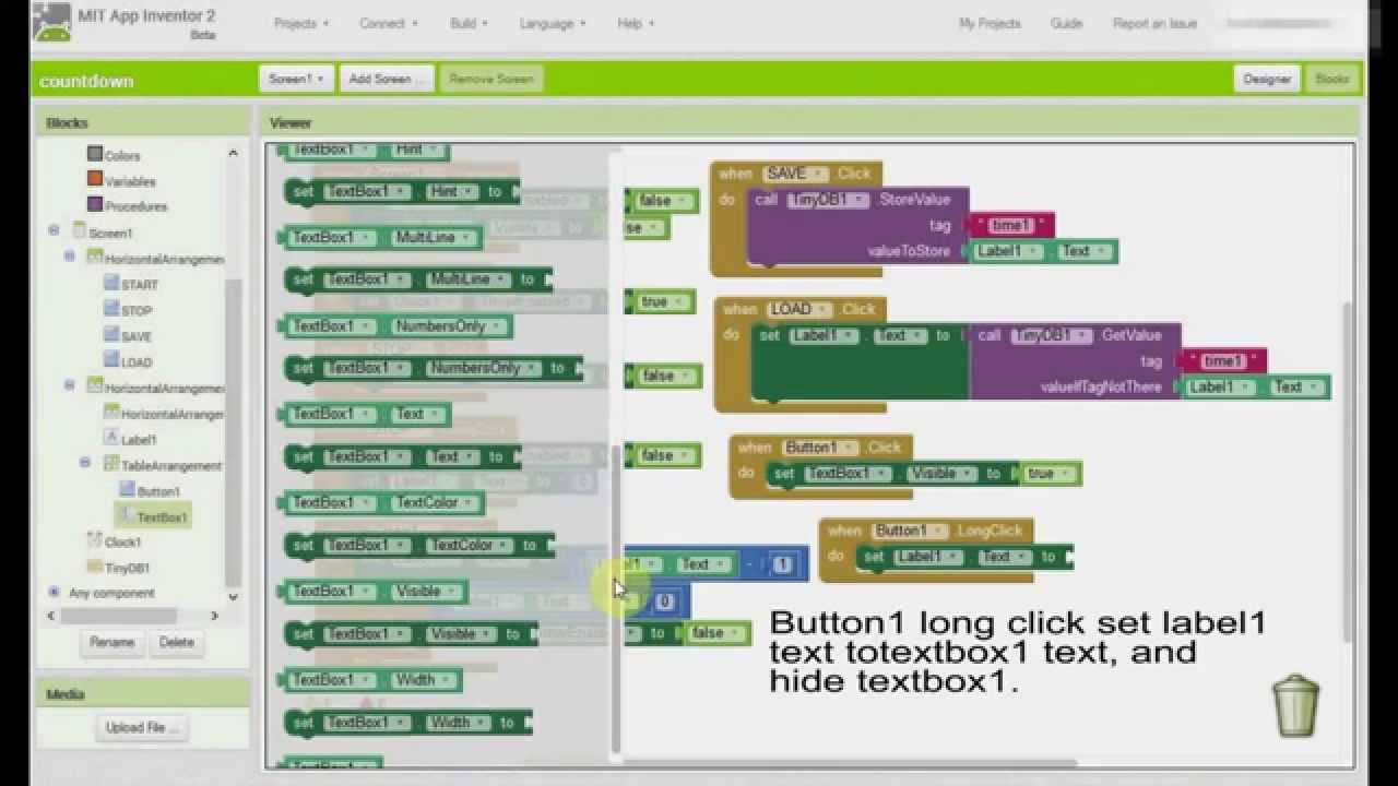 App Inventor 2 Countdown timer with pause, reset, save and load function.