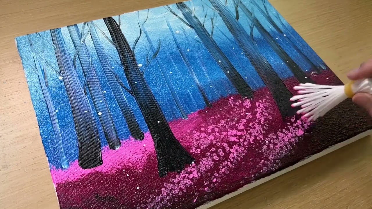 星夜粉色森林遇鹿｜丙烯笔下的童话式浪漫#零基础学画画- YouTube