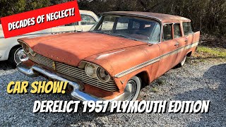 1957 Plymouth Sport Suburban Car Show, Abandoned for Decades! Fresh from the woods! MoPar Details