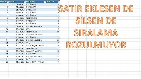 EXCELDE SATIR EKLEME VE SİLMELERDE SIRA NO BOZULMAZ