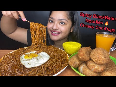 SPICY BLACK BEAN NOODLES 🔥 AND CHEESY CORN DOGS WITH CHEESE SAUCE | BIG BITES | FOOD EATING VIDEOS