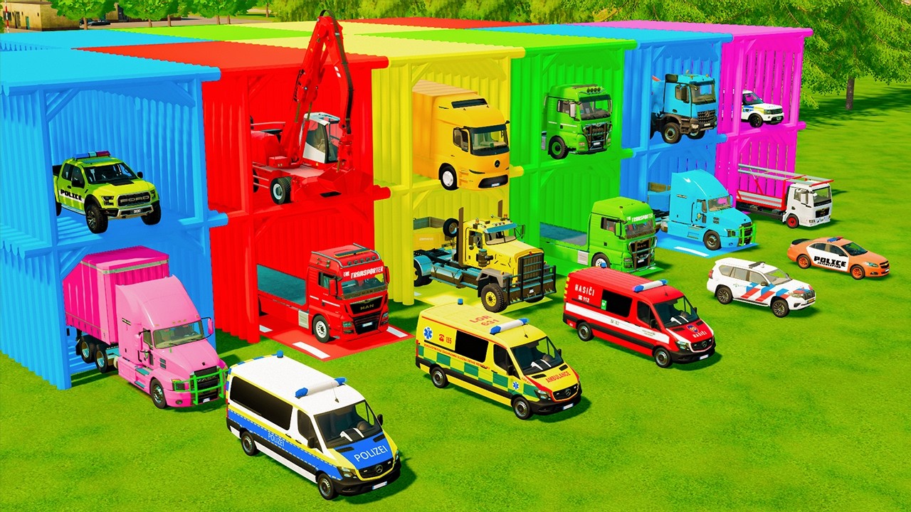 ALL EMERGENCY AND POLICE VEHICLES, EXCAVATOR, DUMP TRUCK TRANSPORT TO GARAGE - FS22
