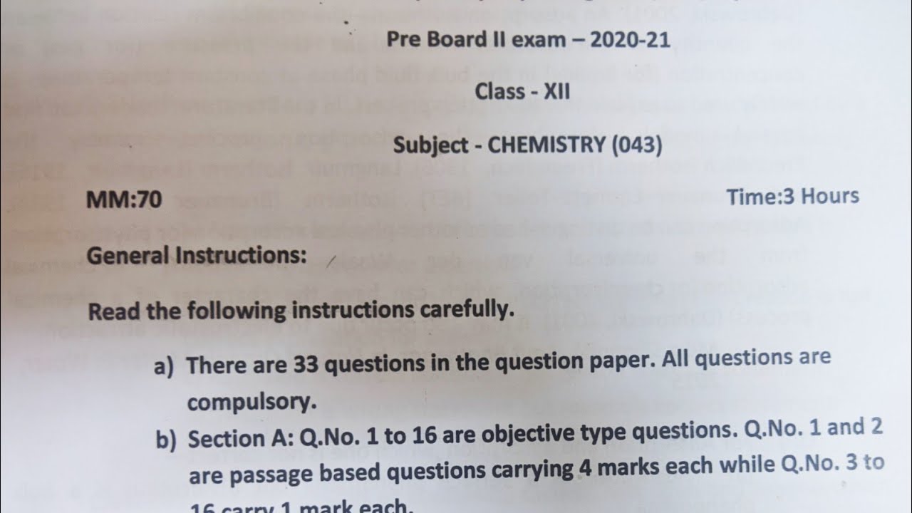 Class 12 Chemistry Pre Board 2 Exam Question Paper Of 2020 21 2021 Cbse Board Exam Youtube