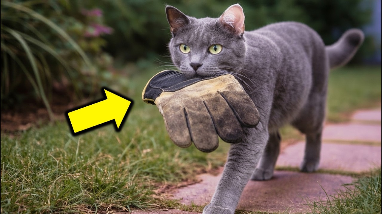 Todos los días, su gato traía un guante de trabajo y ella lo seguía.