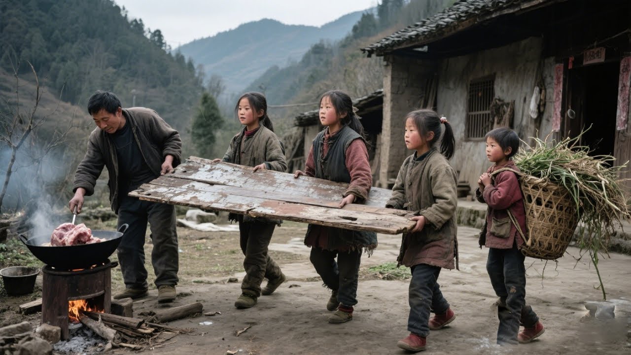 年幼的4个孩子合力扛起大桌板，上山割草、下厨做饭，默默替爸爸分担