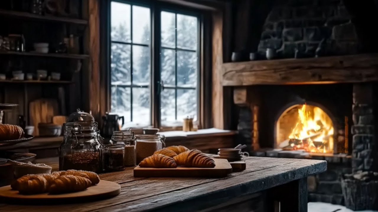 Rustic Kitchen Ambience 🍲 Cozy Winter Storm, Crackling Fire, & Simmering Soup Sounds ❄️🔥