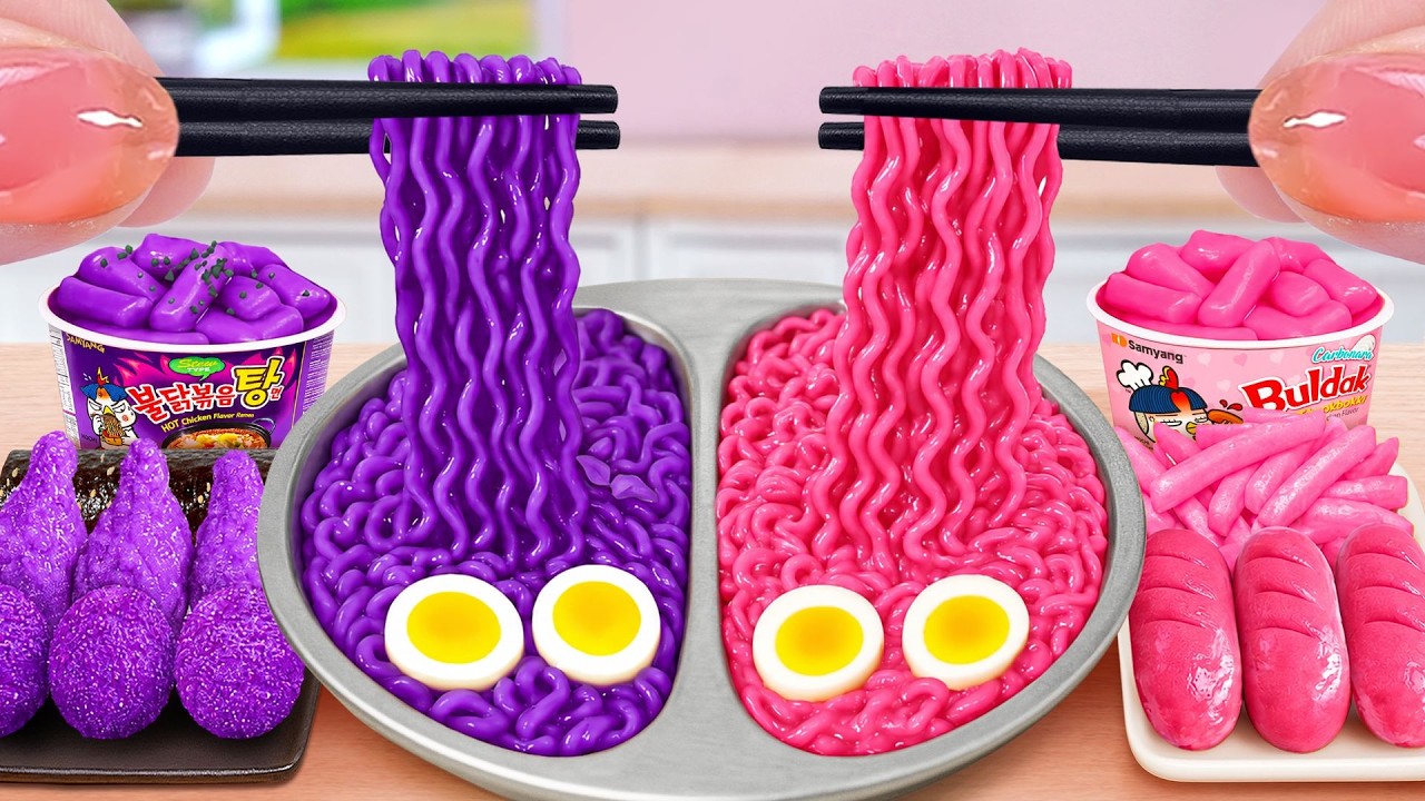 Pink vs Purple Noodles Battle 🌸 Want A Fried Chicken Buldak Noodles 🍜 Tina Mini Cooking