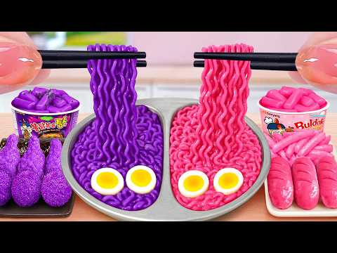 Pink vs Purple Noodles Battle 🌸 Want A Fried Chicken Buldak Noodles 🍜 Tina Mini Cooking