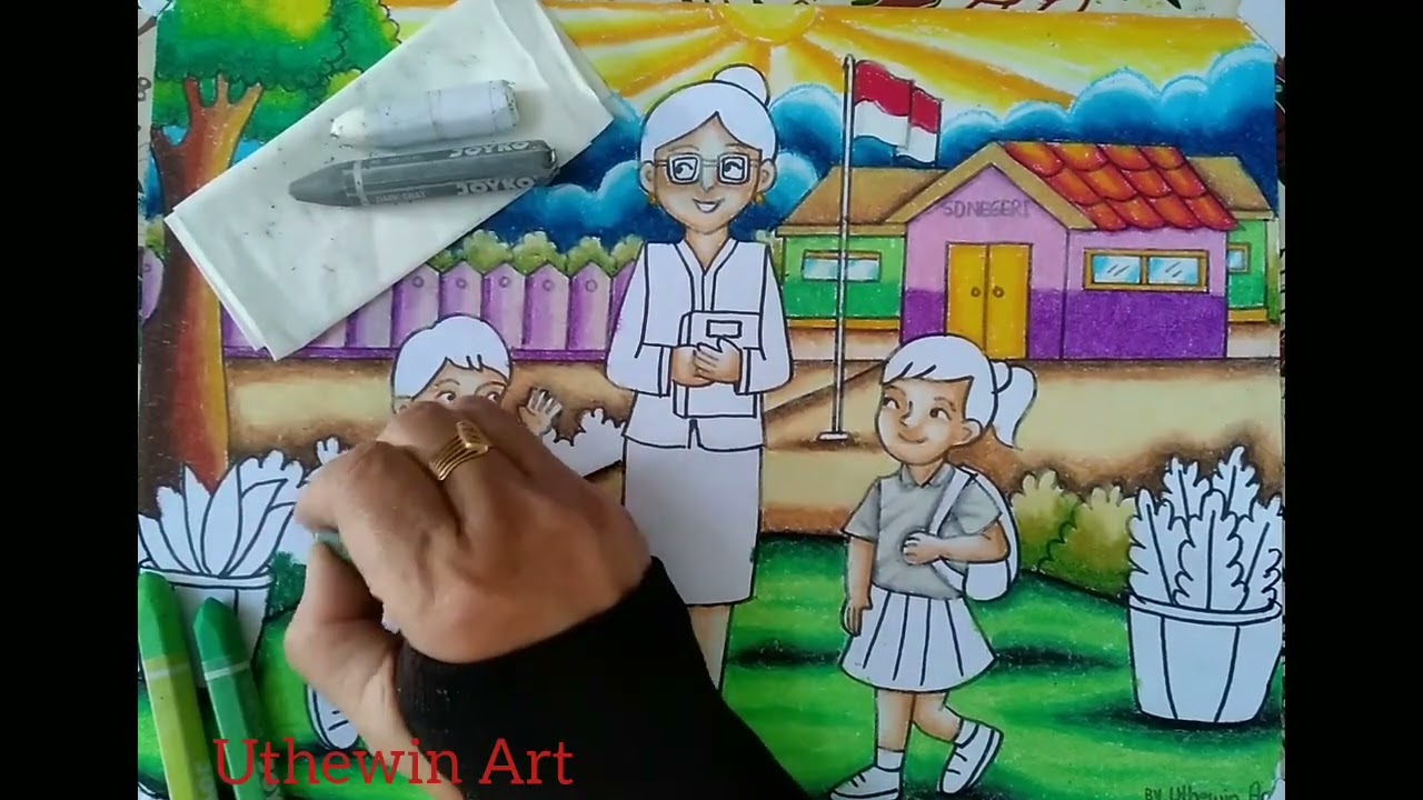 Mewarnai Tema gambar Ayo Sekolah  ( Back to School) Oil pastel Joyko isi 55, Eps 120