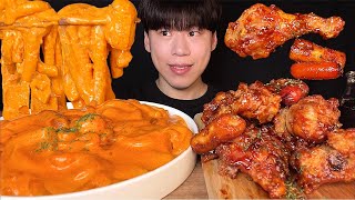 SUB) Корейское барбекю, ямайское шоу с курицей и розой ттокпокки│Korean chicken mukbang asmr