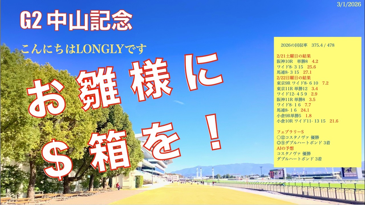 2026中山記念　調教ラップフェブラリーS結果 ○⑫コスタノヴァ 優勝 ◎⑨ダブルハートボンド 3着 #競馬 #中山記念