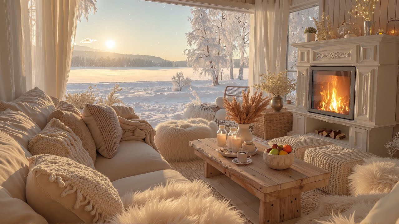 ☕ Relaxing Winter Coffee Jazz by the Fireplace ❄ Cozy Snowy Cabin Sunrise for Relaxation & Focus