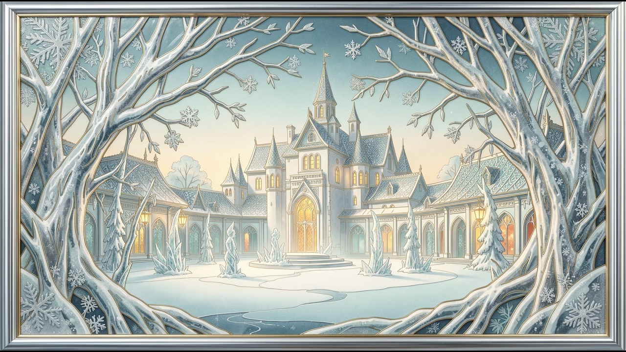 Ice princess castle framed by frozen branches in winter frame tv art 4k with music | tv screensaver
